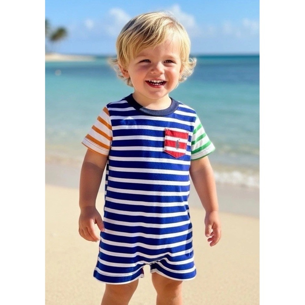 Polo RALPH LAUREN 6m Baby Boy Red White Blue Striped Romper Outfit 6 Months